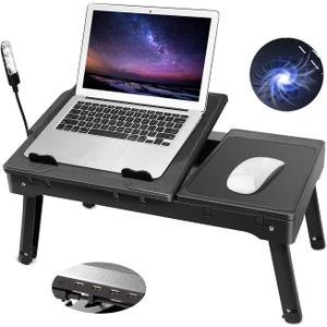 Moclever Laptop Bed Stand – Adjustable Laptop Table with Cooling Fan, Foldable Laptop Desk with USB Hub, LED Light & Storage – Multi-Functional Computer Tray for Bed, Sofa, Home, and Office