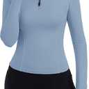 ZHENWEI Womens Workout Tops Long Sleeve Quarter Zip Pullover Quick Dry Golf Shirt Athletic Slim Fit Crop Yoga Gym Tops (Medium, Light Grey Blue)