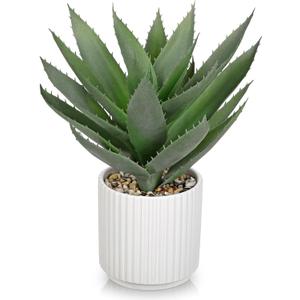 Hollyone Large Artificial Agave Plants 11.8 Fake Succulents Potted Faux Aloe Vera Plant in White Pot Succulent Agave Plants for Desk Modern Office Living Room Table Shelf Home Indoor Outdoor Decor (Light Green)