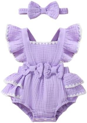 Megeoly Baby Girl Summer Clothes Ruffle Sleeve Cotton Linen Romper Dress Infant Girls Lace Trim Jumpsuit with Headband 12-18M