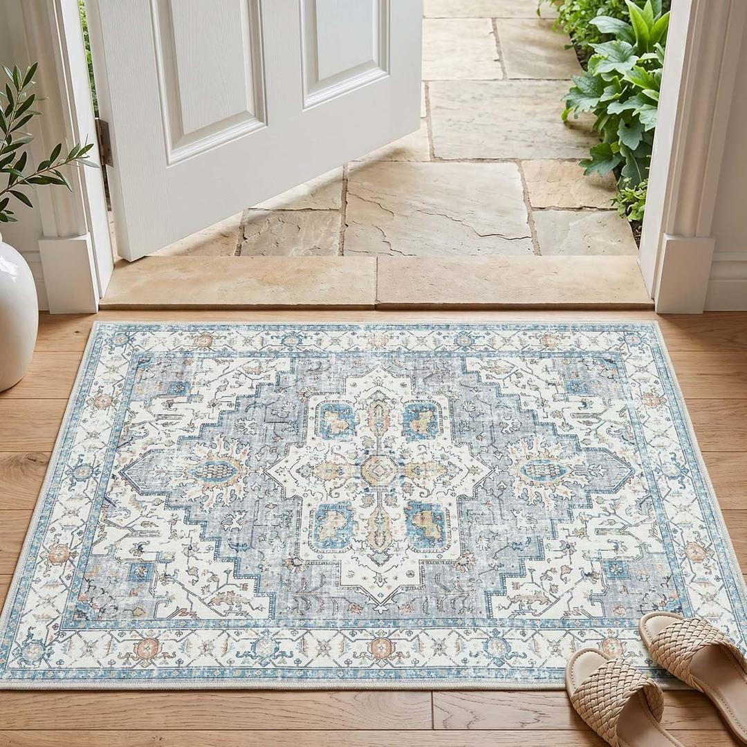 jinchan Oriental 2x3 Rug for Entryway - Machine Washable Non-Slip Doormat Ultra-Thin Low-Pile Small Vintage Floral Distressed Accent Rug for Entrance Bedroom Kitchen Bathroom (2x3ft, Grey/Blue)