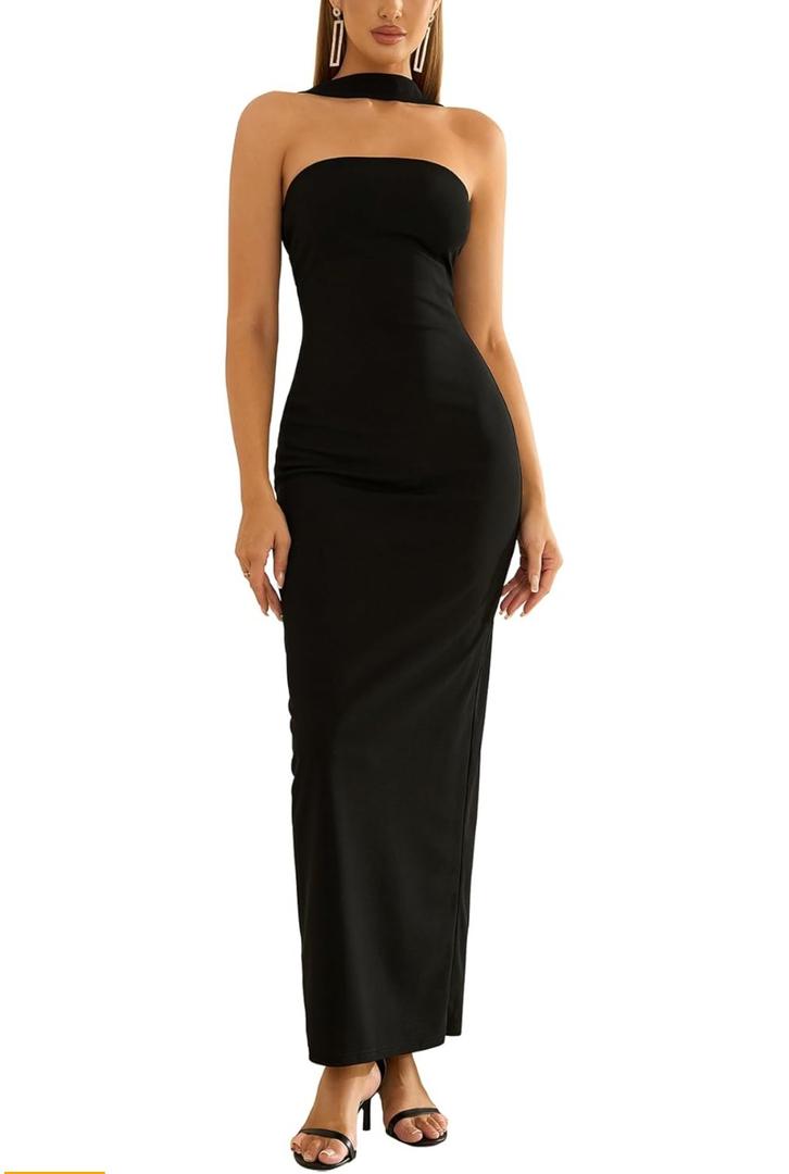 HTZMO Women Elegant Summer Bodycon Maxi Dress Halter Neck Formal Wedding Guest Cocktail Party Long Dresses, Size M