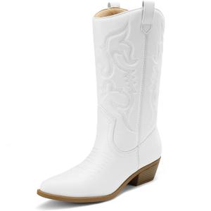 DREAM PAIRS Women's Cowboy Boots Pull On Cowgirl Boots Mid Calf Western Boots (White, 6.5)