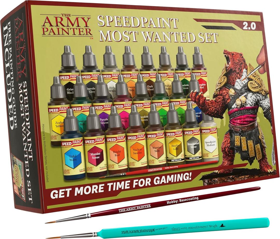 The Army Painter Speedpaint 2.0 Most Wanted Paint Set Combo, Acrylic Contrast Paint Set with 24 Dropper Bottles of 18ml and 2 brushes, For Miniature Painting