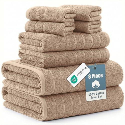 Casa Platino 100% Luxury Cotton Bathroom Towel Set 8 Pcs - Super Soft & Highly Absorbent - 2 Bath, 4 Washcloths, 2 Hand Towels for Bathroom - Oeko TEX Certified, Fade Resistant, Luxury Look - Beige