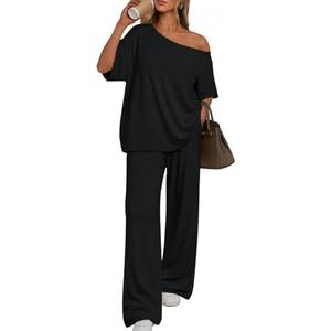 Trendy Queen Womens 2 Piece Lounge Sets Off Shoulder Oversized Tshirts & Wide Leg Pants Outfits Large