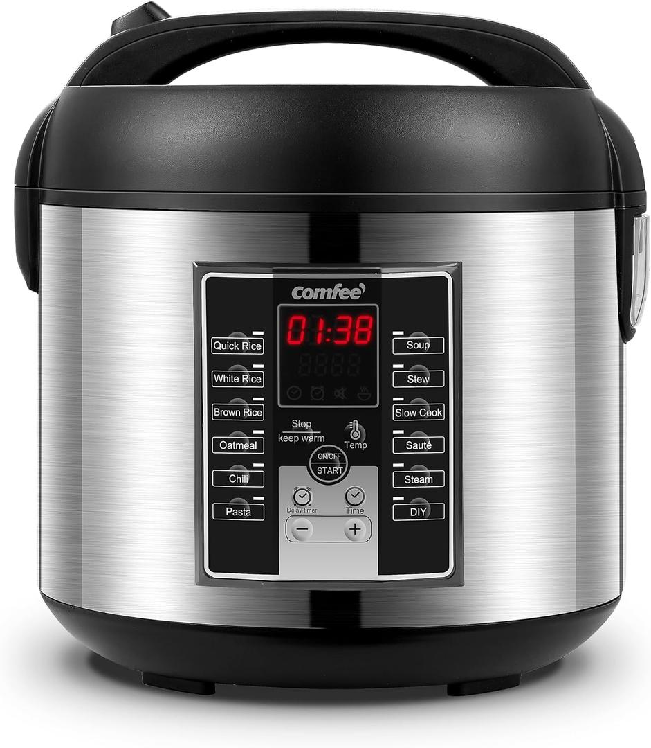 COMFEE' Rice Cooker with 6 Functions, Nonstick Pot, 10-Cups Uncooked Rice | Multi, Slow, Steam, Stew, Saute, Quick, handles, glass lid, auto keep-warm up to 12h, easy to clean