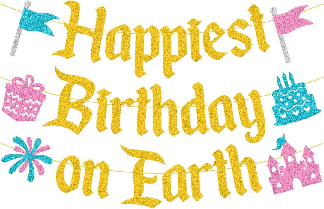 Happiest Birthday on Earth Banner Princess Bday Party Decorations Girls Kids Castle Birthday Baby Shower Party Supplies (Gold)