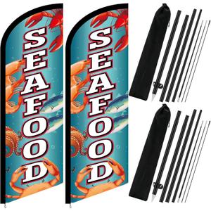 8.2 ft Seafood Advertising Swooper Flag Banners Kit Seafood Feather Flags Sign with Pole and Ground Stake Outdoor Business Advertising for Markets Fishing Wharves Spots Food Festivals Events