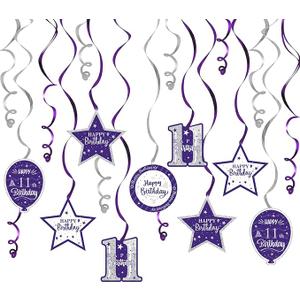 Happy 11th Birthday Purple & Silver Glitter Swirls Streamers Party Decorations - 15 Pcs 11th Birthday Hanging Swirls Streamers Kit,Cheers to Eleven Years Old Bday Party Sign