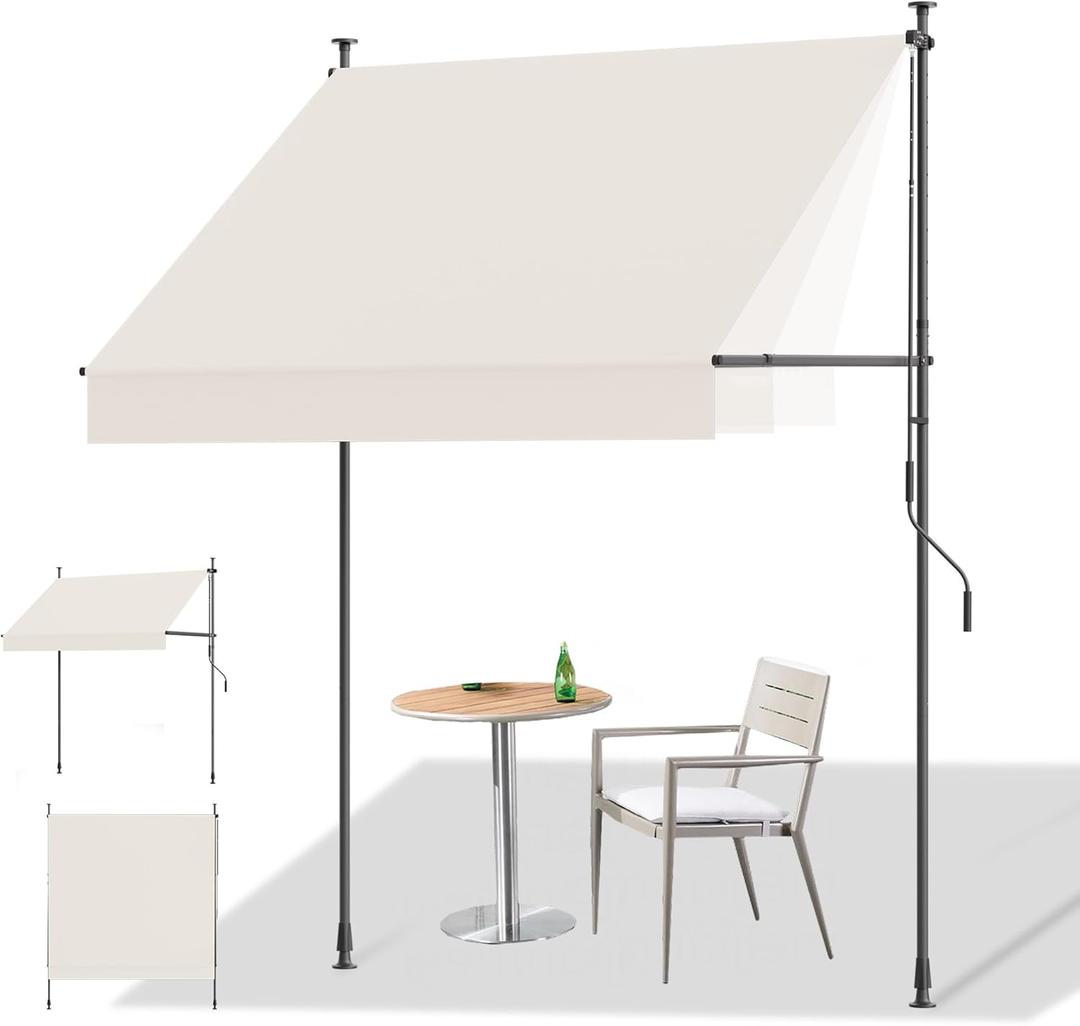 HOMEDEMO Manual Retractable Awning, 79" W x 118" H Retractable Side Bar 47-59", Outdoor Patio Awnings Height Adjustable 82-118", NO Drilling Awings for Backyard Garden Porch Outside Beige