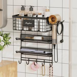 Hair Dryer Holder Wall Mounted, Adheisve Hair Styling Tool Organizer for hair Brush/Appliance Wall Mount with 4 Tier Shelf Basket Hooks Blow Dryer and Straightener Holder for Bathroom(Black)