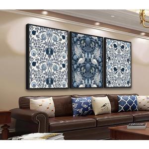 Large Framed Canvas Wall Art - Navy Blue Pictures William Morris Style for Living Room Bird Flower Prints Boho Wall Decor for Bedroom Dining Room Black Float Frame 16" X 24" X 3 Pieces