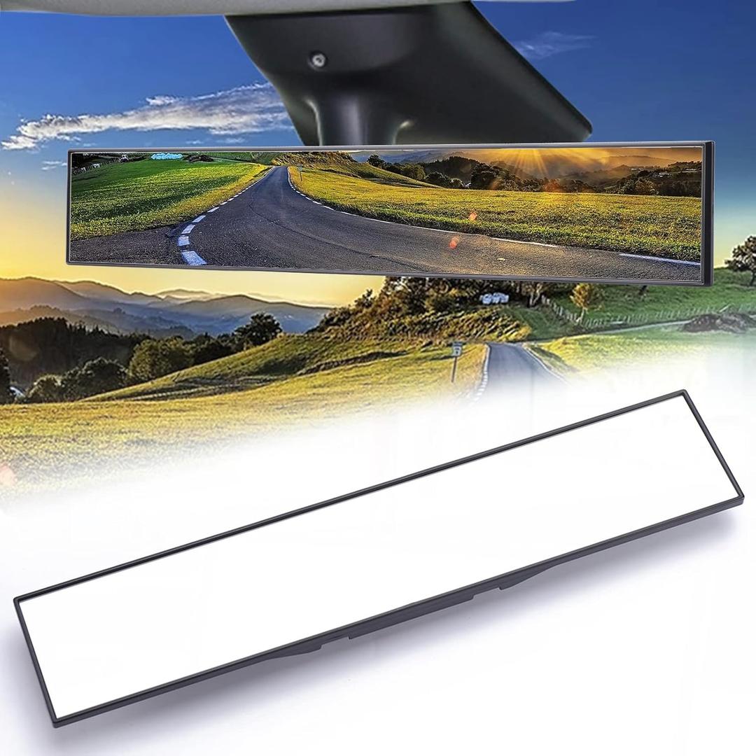 Universal Clip-on Wide Angle Mirror, Panoramic Flat HD Rearview Mirror, Anti-Glare, Clear Tint, Accessories for Car SUV Trucks Vehicles (16" x 3.15")
