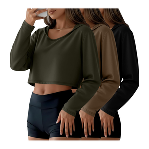 3 Pack Women's Cropped Hoodies Long Sleeve Lightweight Hooded Shirts U Neck Crop Tops Basic Casual Pullover, Medium