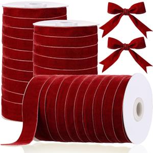Chuangdi 3 Roll Velvet Ribbon Spool Wide Single Face Ribbons 150 Yards Vintage Velvet Ribbon for Gift Wrapping Crafts Christmas Decoration(1 Inch X 50 Yards,Burgundy)
