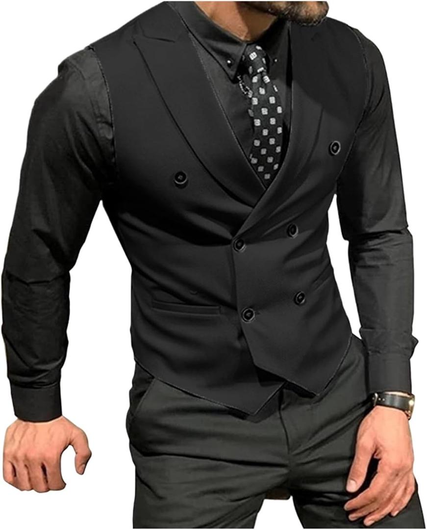 Men's Peak Lapel Double Breasted Suit Vests Casual Business Vests Slim Fit Waistcoat For Wedding Groom Dating (Medium, Black)