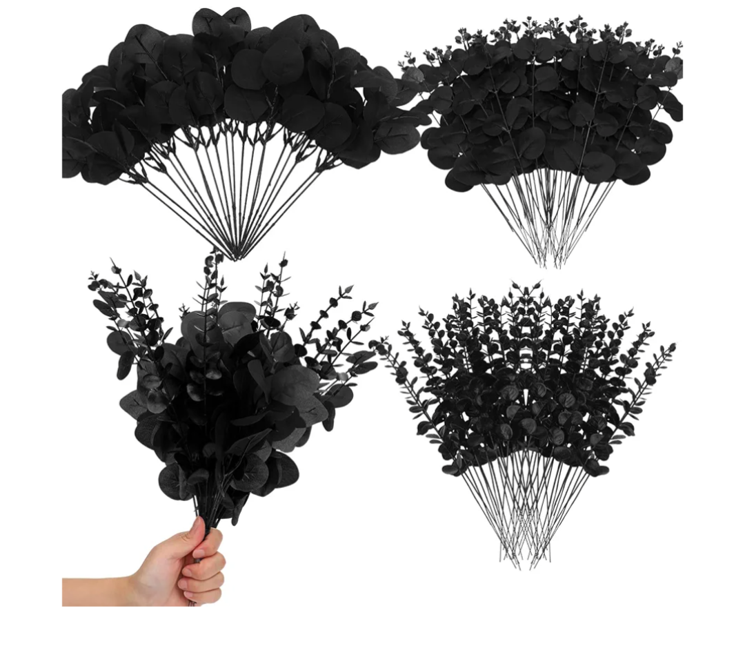 iegxin 90 Pcs 3 Kinds Mixed Eucalyptus Leaves Stems Bulk Artificial Silver Dollar Leaves Picks Dried Eucalyptus Bundle Faux Spray for Wedding Vase Bouquet Floral Arrangement (Black)