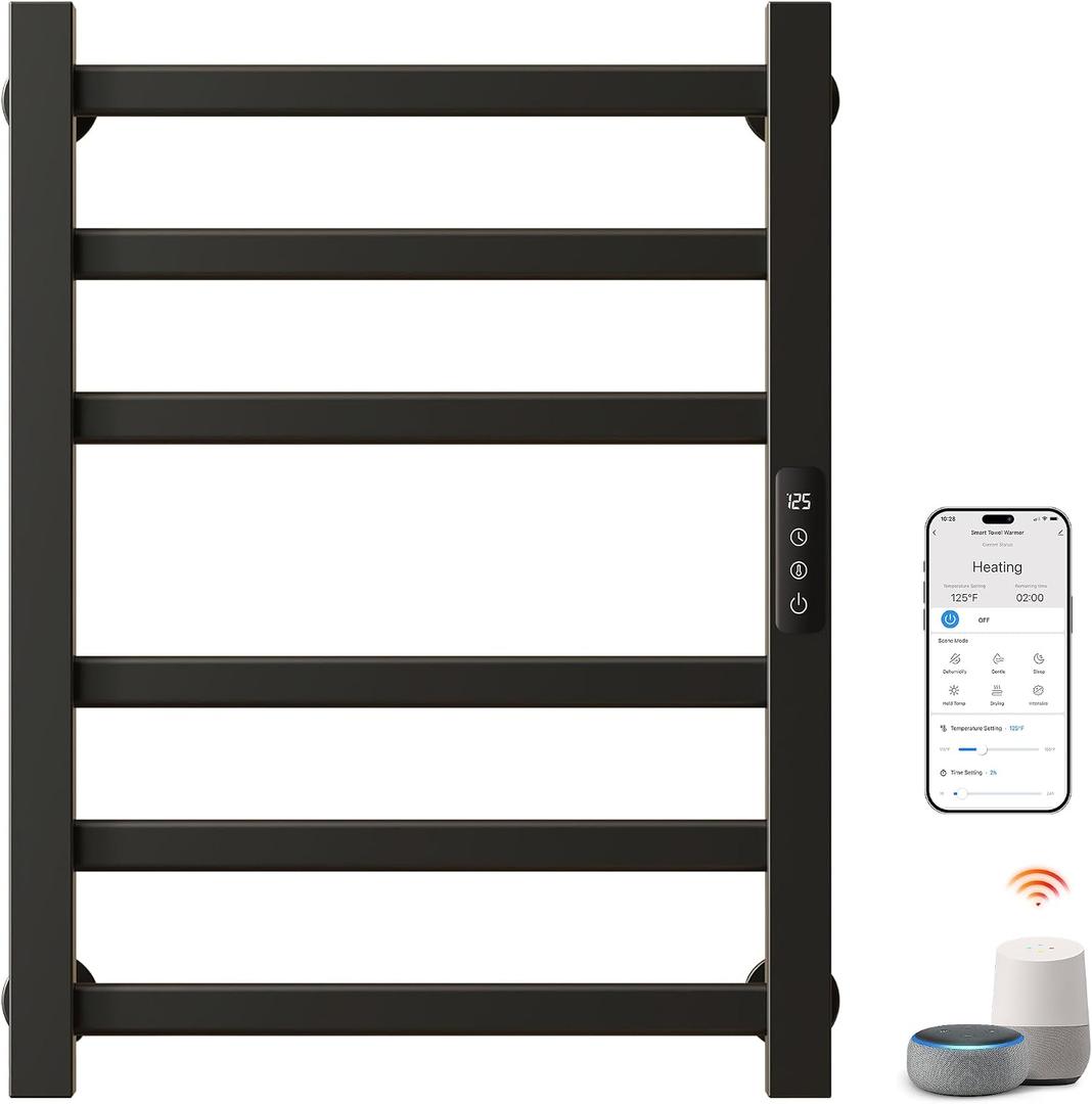 Smart Heated Towel Rack, 6-Bar Wall-Mounted, Matte Black | Wi-Fi App Control, Adjustable Temperature & 24H Timer, Low Carbon Steel, IPX5, Plug-in/Hardwired
