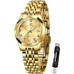 OLEVS Womens Watch Classic Dress Number Female Watches for Ladies Analog Quartz Stainless Steel Waterproof Luminous Day Date Two Tone Easy to Read Wristwatch (all gold watch)