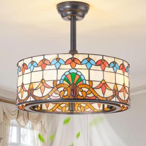 20" Antique Tiffany Fandelier Ceiling Fan with Lights, Traditional Stained Glass Black Chandelier Ceiling Fans, Remote Control Bladeless with 6 Speeds for Bedroom, Living Room