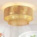 Boho Caged Ceiling Fan with Light Flush Mount, Handwoven Layered Rattan Fandelier with Remote Control & 6-Speed Reversible, Gold Low Profile Chandelier for Bedroom, Living Room, Girls Room, Nursery