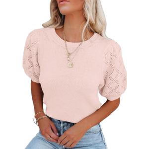 Womens Short Sleeve Sweaters Crewneck Knit Pullover Tops 2025 Summer Casual Lightweight Crochet Blouse Shirt S