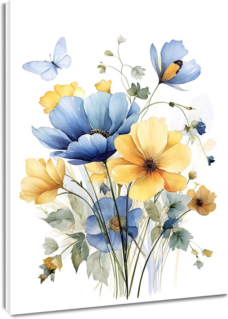 HVEST Vintage Wildflower Wall Art Blue and Yellow Flower and Leaves butterfly Abstract Painting Watercolor Plant Wall Art for Bathroom Living Room Bedroom Kitchen Decor Ready to Hang, 16Lx12W Inches