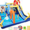 JOYLDIAS Inflatable Water Slide,Water Park Bounce House,Slide Bouncer Castle Playhouse w/Splash Pool, Climbing Wall, TrampolineFelt Ball Target, Ring Toss Game for Kids Outdoor Fun, 550W Air Blower