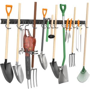 TORACK Plastic Wall Mounted Mop and Broom Holder, Garden Tools Organizer for Garage Wall, Yard Tool Storage Rack for Rakes, Shovels, Mops, Brooms (4 Tracks, 16 Hooks)