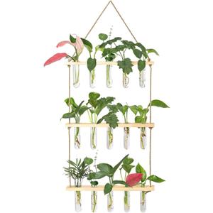 XXXFLOWER Wall Hanging Propagation Station with Wooden Stand 5 Glass Test Tubes 3 Tiers Planters Wall Terrarium for Home Office Plant Hanger Flower Vases Wall Decor Hydroponic Cuttings (Beige)