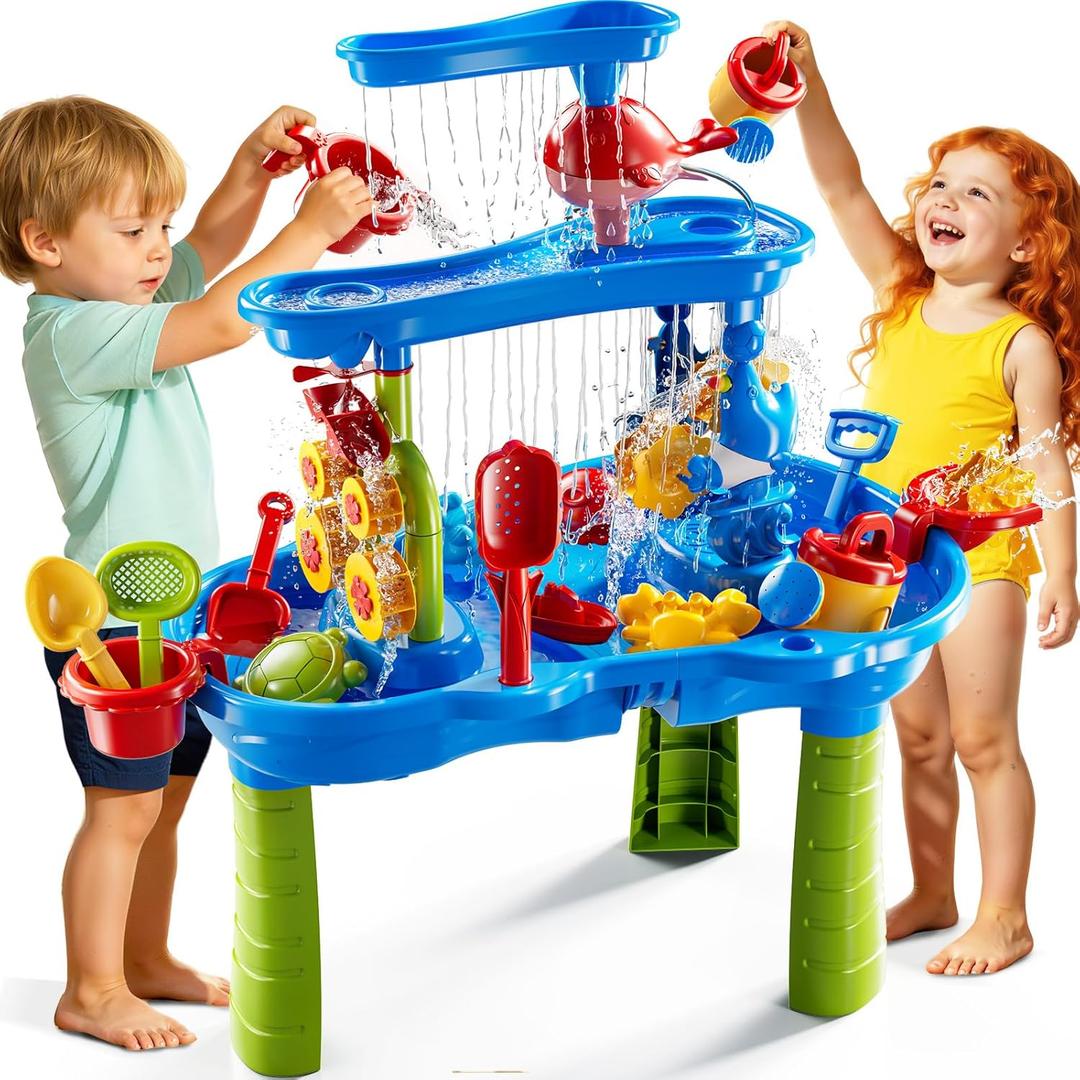 3-Tier Sand and Water Table Toys for Kids Aged 3 4 5 6 7 8, Water Waterfall Sensory Play Table with Beach Toys Accessories, Outdoor Activity Playset for Toddlers 2-4 3-5 4-6, Birthday Gifts