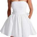 LuFeng Women's Strapless Mini Dress Ruched Sleeveless Off Shoulder A-Line Pleated Short Dress with Oversized Bow (White)