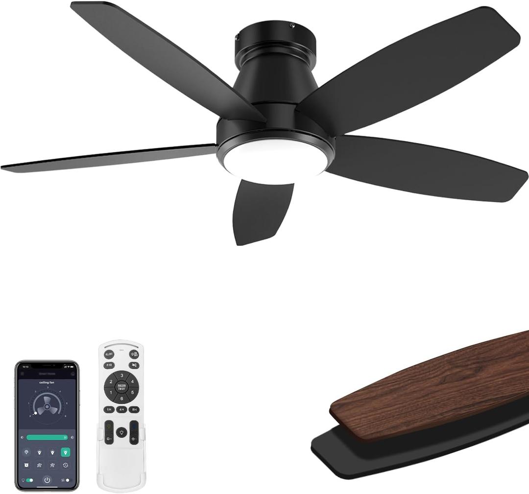 42 Inch Ceiling Fans with Lights, Quiet Reversible Fan with Remote & APP Control, 6-Speed, 3 Color Temperatures Dimmable LED, DC Motor, Low Profile Ceiling Fan for Bedroom Living Room, Black