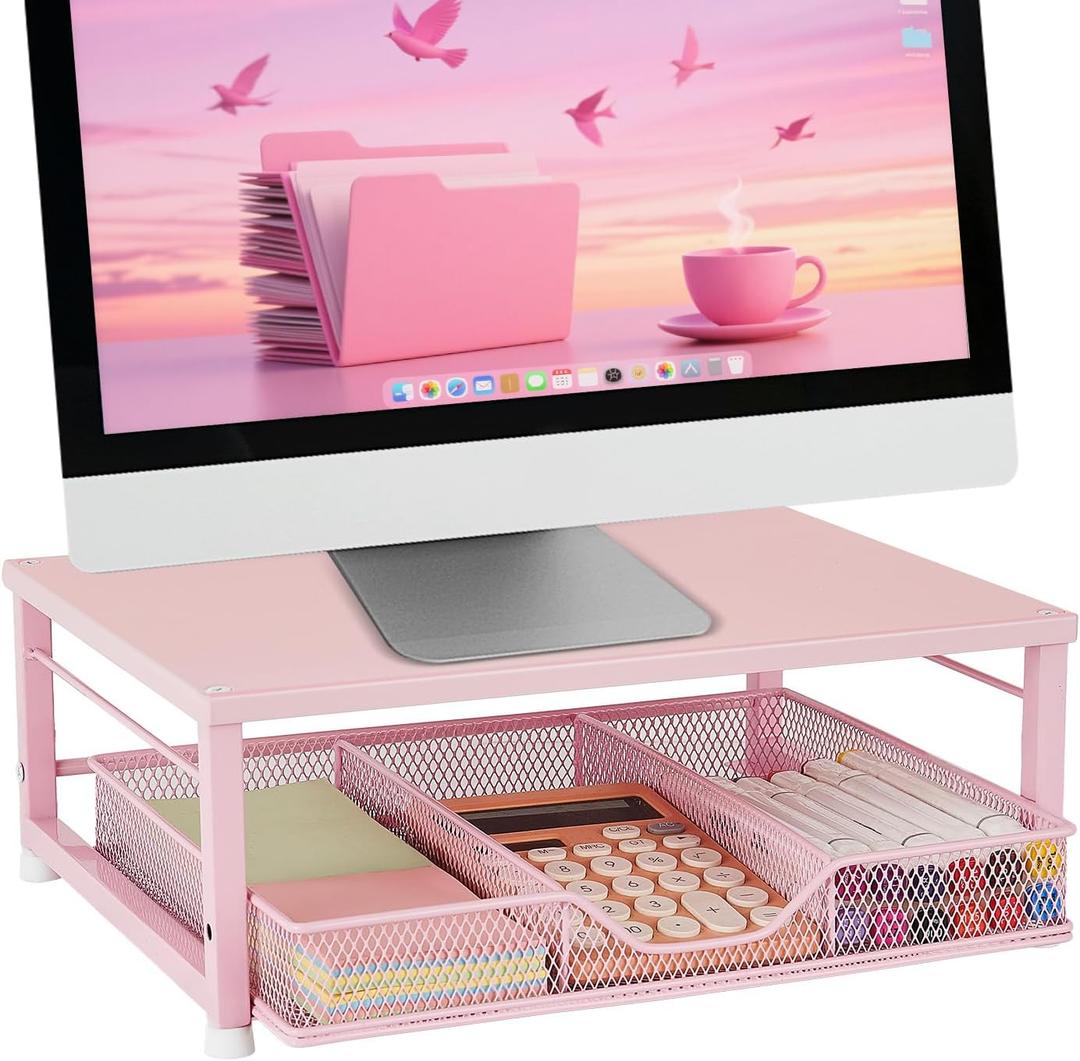 Small Pink Laptop Stand for Desk, Monitor Stand, Office Desk Accessories, Computer Desktop Stand with Drawer for Home, Office, School (Pink)