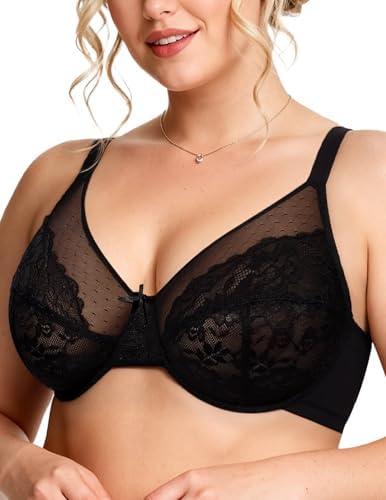 Vertvie Minimizer Bras for Women Full Coverage Underwire Supportive Bra Plus Size Lift Unlined Lace Bralette for Large Bust 36D, Black