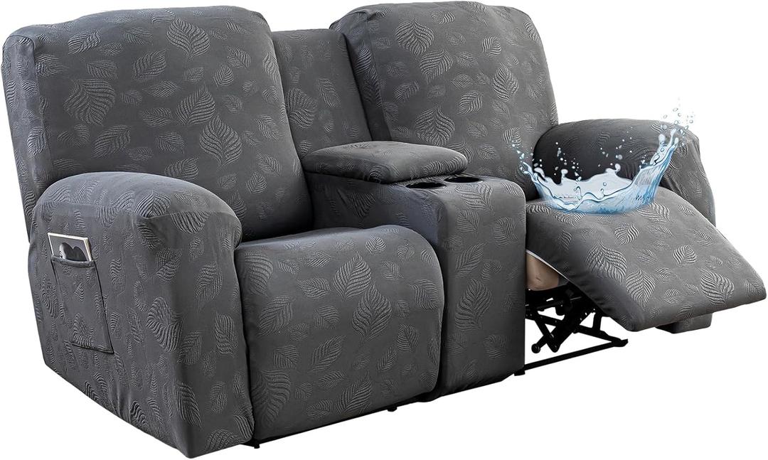 Gennia Waterproof Recliner Loveseat Cover with Console 6 Pieces, Jacquard 2 Seat Recliner Covers with Pockets Stretch Reclining Loveseat Slipcovers Furniture Protector (2 Seat with Console, Dark Gray)