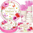 24 cups, 48 plates, 24 forks and knifes Mother's Day Plates Napkins and Cups Happy Mother's Day Party Supplies Pink Mom Flower Theme Tableware for Mommy Birthday Party Decorations