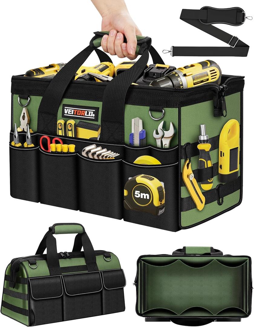 Heavy Duty Tool Bag 16-Inch - 19 Pockets Tool Organizer, Portable Electrician Toolbox W/Soft Handle, Gifts for Him Men Husband Boyfriend Mechanic Engineer Valentines Day, Wide Mouth Tool Box Storage