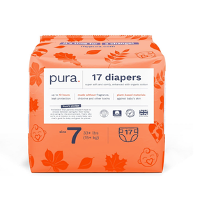 Pura Size 7 Eco-Friendly Diapers (33+lbs) Totally Chlorine Free (TCF) Hypoallergenic, Soft Organic Cotton, Sustainable, up to 12 Hours Leak Protection, Allergy UK, 17 Diapers