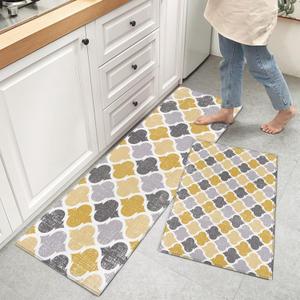 Kitchen Mats for Floor, Moroccan Tile Print Geometric Quatrefoil Trellis Printed Yellow Grey Kitchen Rugs, Kitchen Organization Anti-Fatigue Kitchen Mat, Kitchen Decor Runner Rug Standing Desk Mats (15.7x23.6in+15.7x47.2in, Moroccotmy6209)