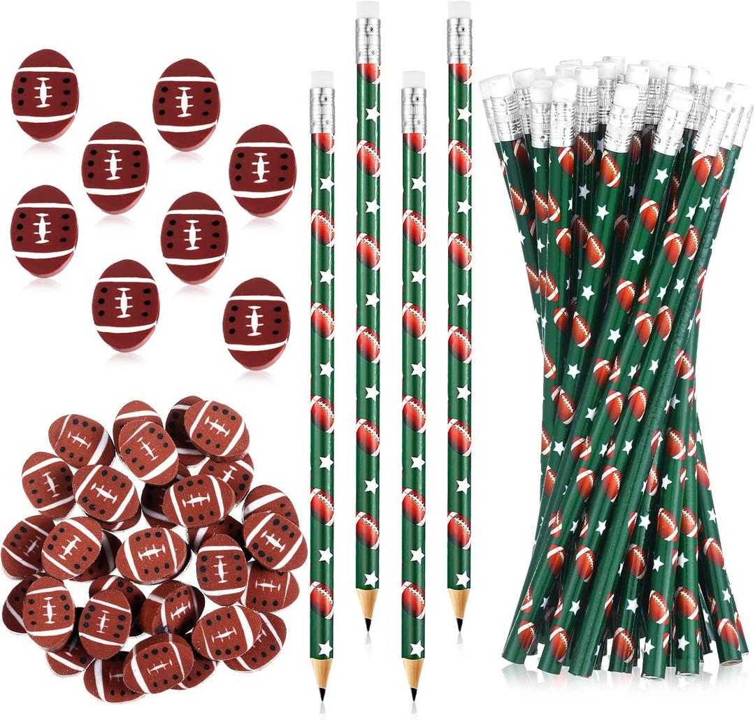 36 Pcs Sports Pencils and 36 Pcs Sports Ball Erasers Fun Wooden Pencils with Sports Eraser for Kids Sports Themed Birthday Party Favors School Office Supplies (Football)