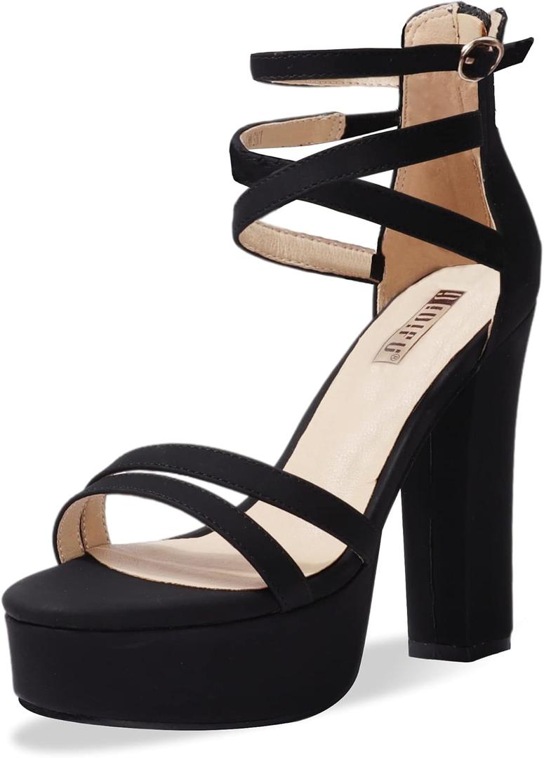IDIFU Women's Platform Chunky High Heels Dress Sandals Open Toe Ankle Strap Strappy Wedding Bridal Party Dance Shoes For Women Bride (7, Black Nubuck)