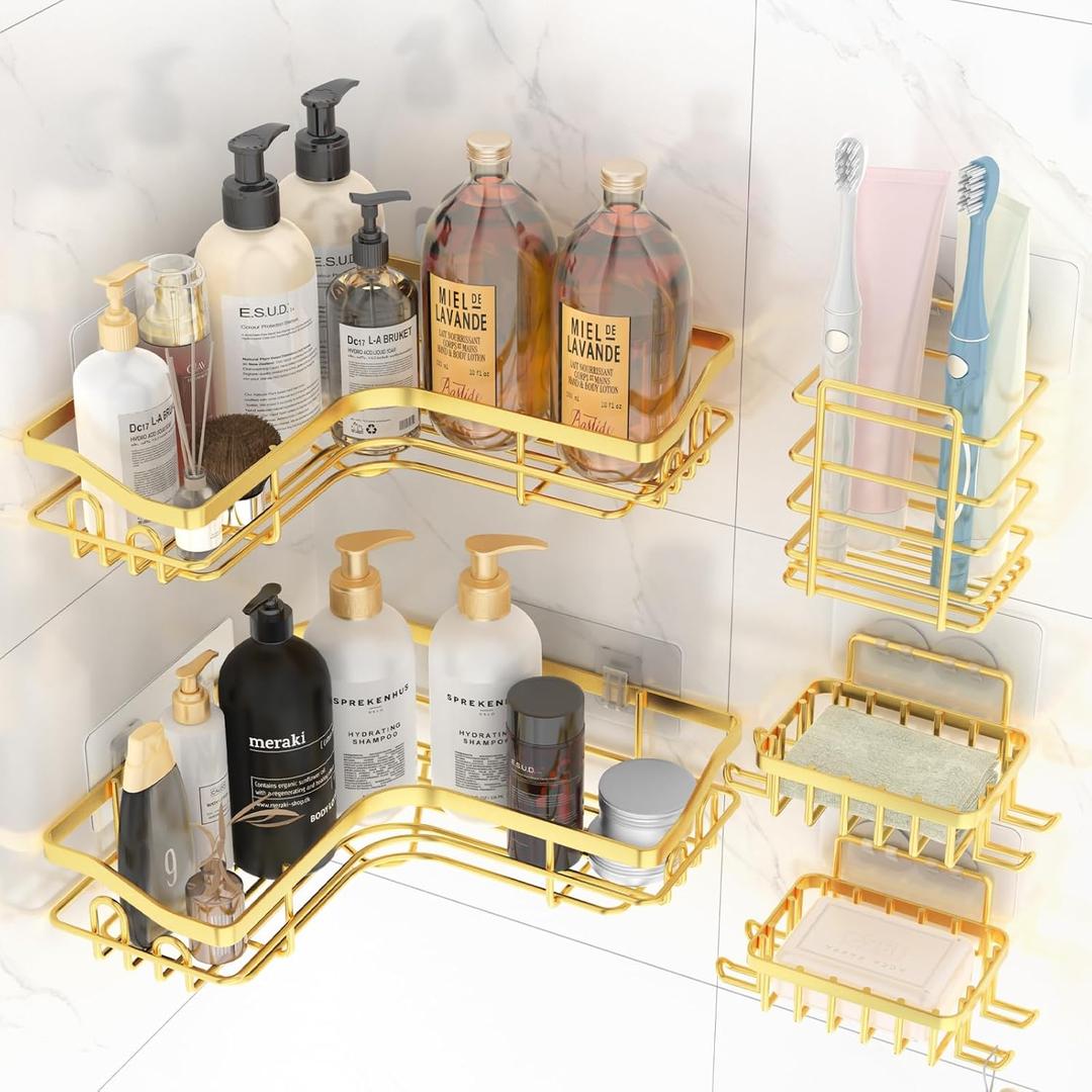 Gold Corner Adhesive Shower CaddyRustproof Stainless Steel Corner Shower Shelves for Bathroom Kitchen, No Drilling Wall Mounted Shower Rack for Inside Shower, 5 Pack