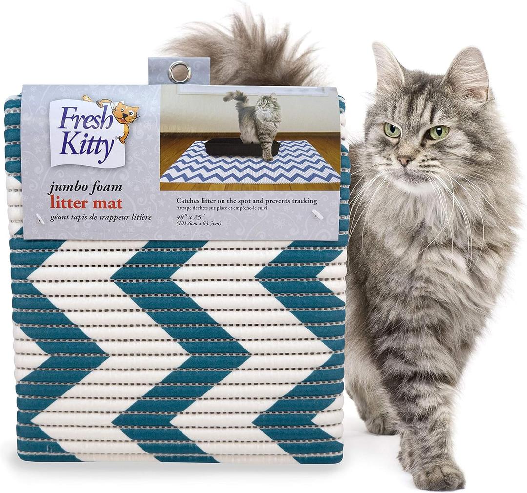 Fresh Kitty Durable XL Jumbo Foam Litter Mat  Phthalate and BPA Free, Water Resistant, Traps Litter from Box, Scatter Control, Easy Clean Mats  Chevron, Blue/White Chevron (9035) (One Pack)