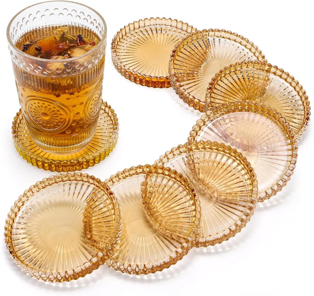 Elsjoy 8 Pack 4 Inch Glass Coasters for Drinks, Amber Tone Modern Clear Coaster Set, Round Crystal Glass Pillar Candle Holder Plates for Table Centerpieces, Home Decor