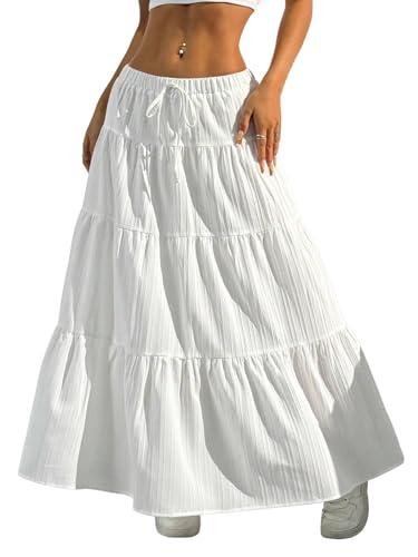 Verdusa Women's Long Maxi Skirt 2026 Boho Flowy Ruffle Flared Skirts Beach Vacation Going Out Outfits White Large