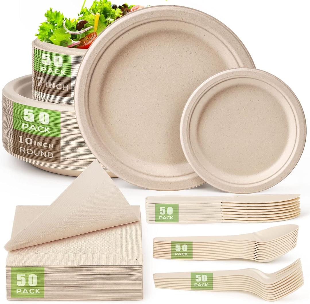 Gezond Compostable Paper Plates Set 300 Pieces Disposable Plates 10-inch Eco-friendly Paper Plates Heavy-duty Utensils and Napkins for Party, Made From Sugarcane Pulp