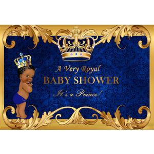 5x3ft Little Prince Black Boy Baby Shower Backdrop Little Baby Shower Party Banner Decoration Backdrops Royal Blue Gold Crown Photography Background P9614A