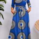 Runwind Plus Size Maxi Dresses for Curvy Women, 3/4 Sleeve V Neck Long Printed Dress with Belt Casual Dress with Pockets (Blue, XXL)